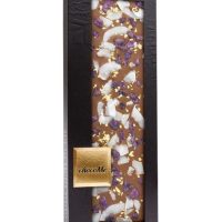 chocoMe milk chocolate with crystallized violet petals coconut shavings and with genuine 23 karat gold crumbs,